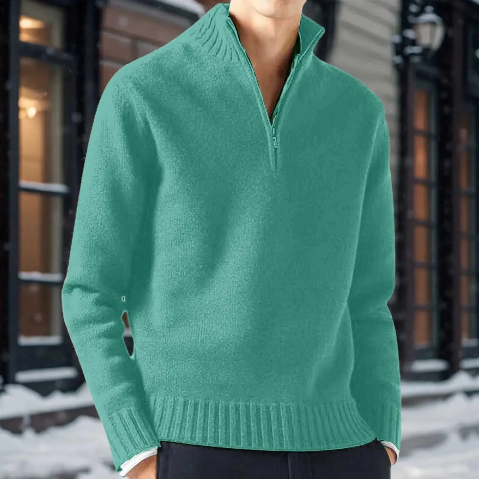 Zipper Turtleneck Men's Sweater Top Half Zip Casual Solid Color Bottom Knit Sweater Warm Long Sleeve Loose Pullover Sweater
