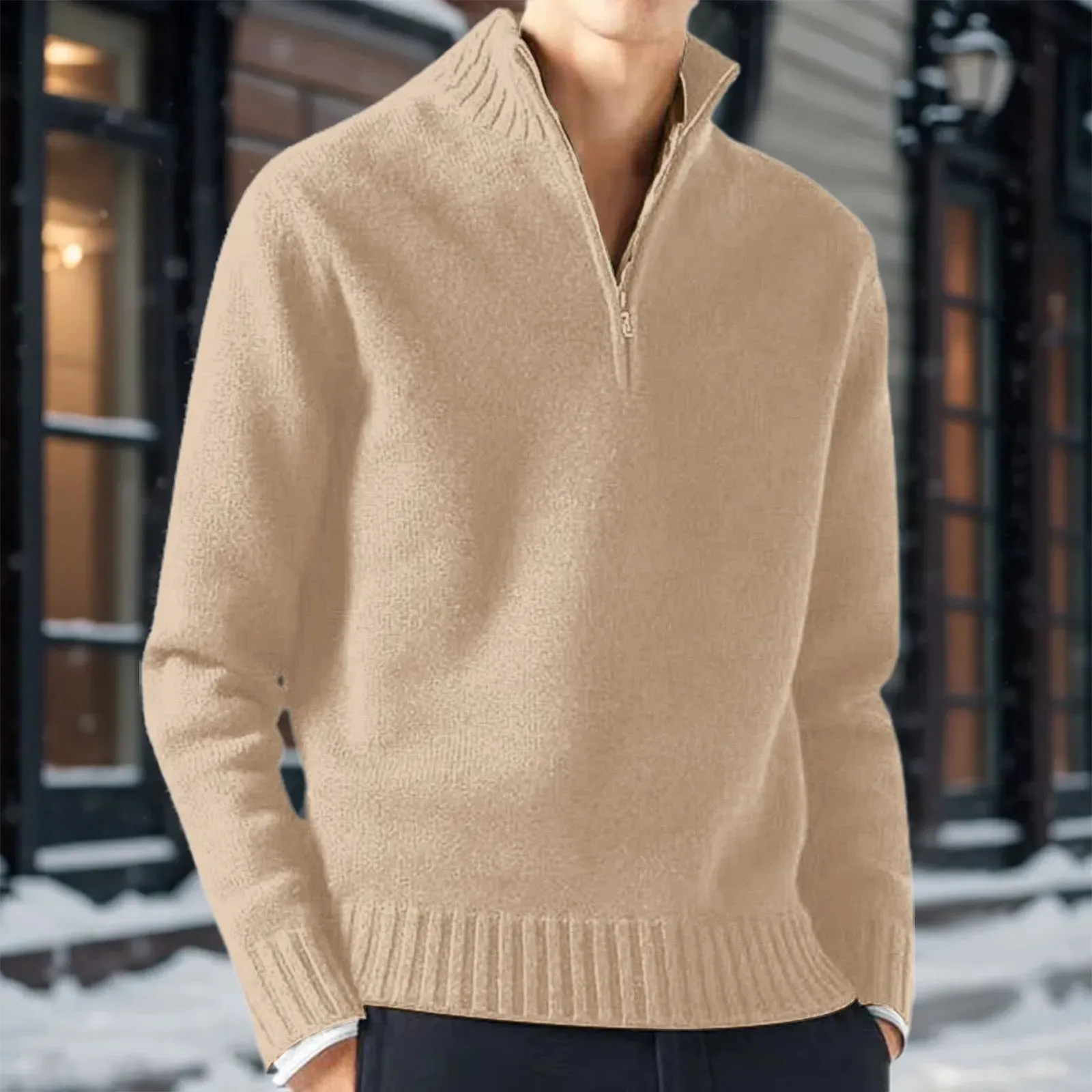 Zipper Turtleneck Men's Sweater Top Half Zip Casual Solid Color Bottom Knit Sweater Warm Long Sleeve Loose Pullover Sweater