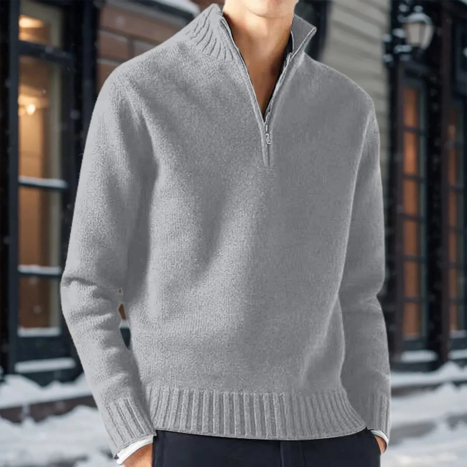 Zipper Turtleneck Men's Sweater Top Half Zip Casual Solid Color Bottom Knit Sweater Warm Long Sleeve Loose Pullover Sweater