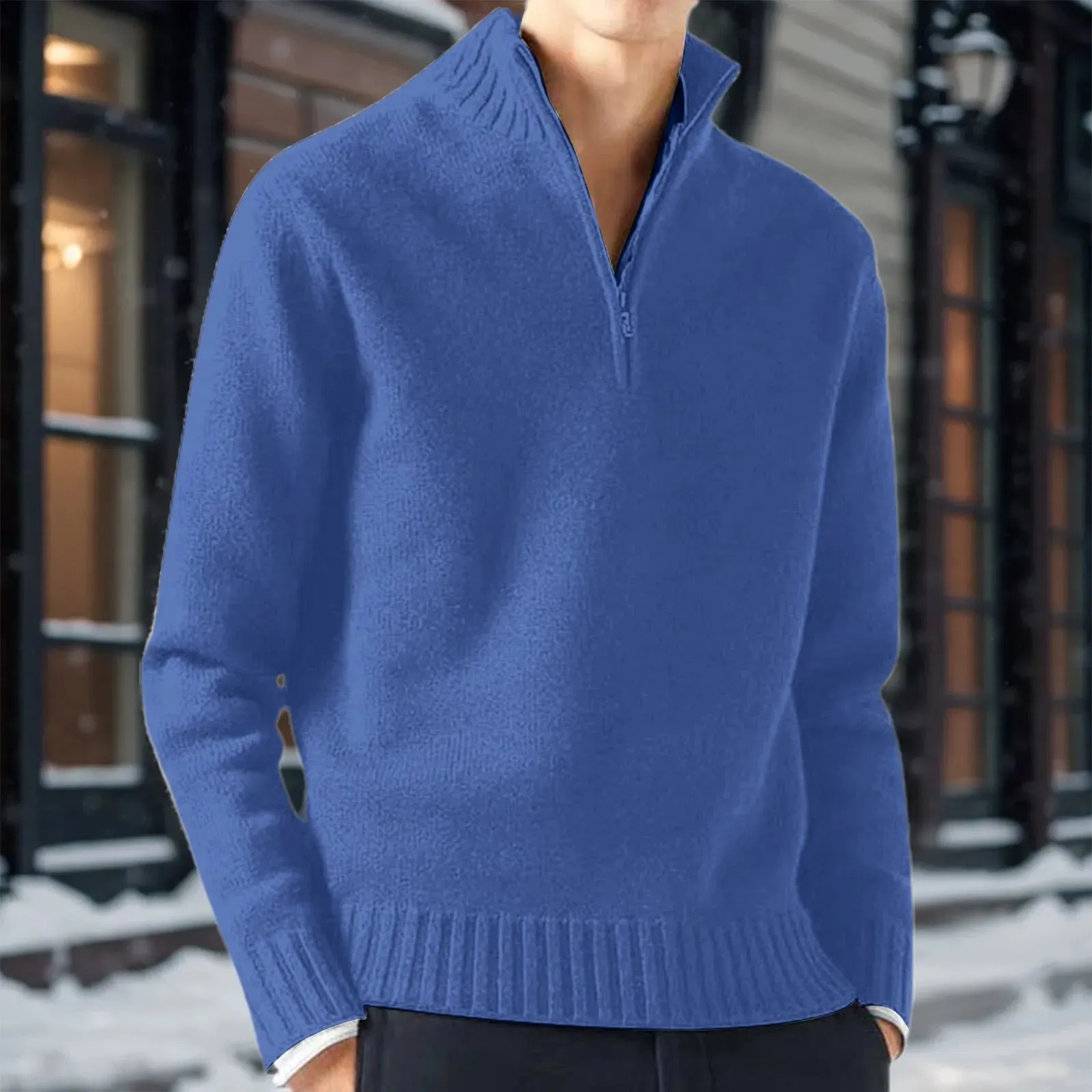 Zipper Turtleneck Men's Sweater Top Half Zip Casual Solid Color Bottom Knit Sweater Warm Long Sleeve Loose Pullover Sweater
