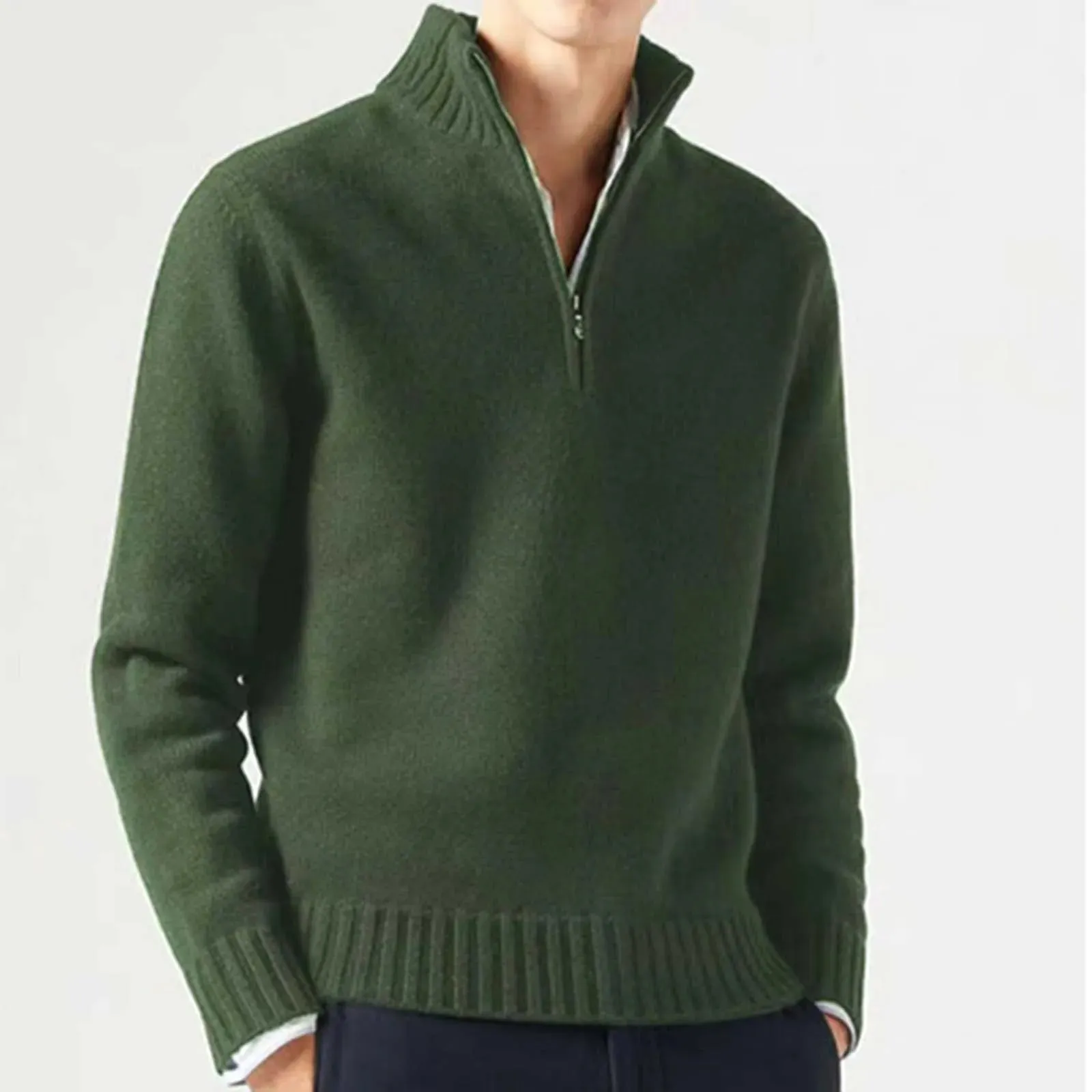 Zipper Turtleneck Men's Sweater Top Half Zip Casual Solid Color Bottom Knit Sweater Warm Long Sleeve Loose Pullover Sweater