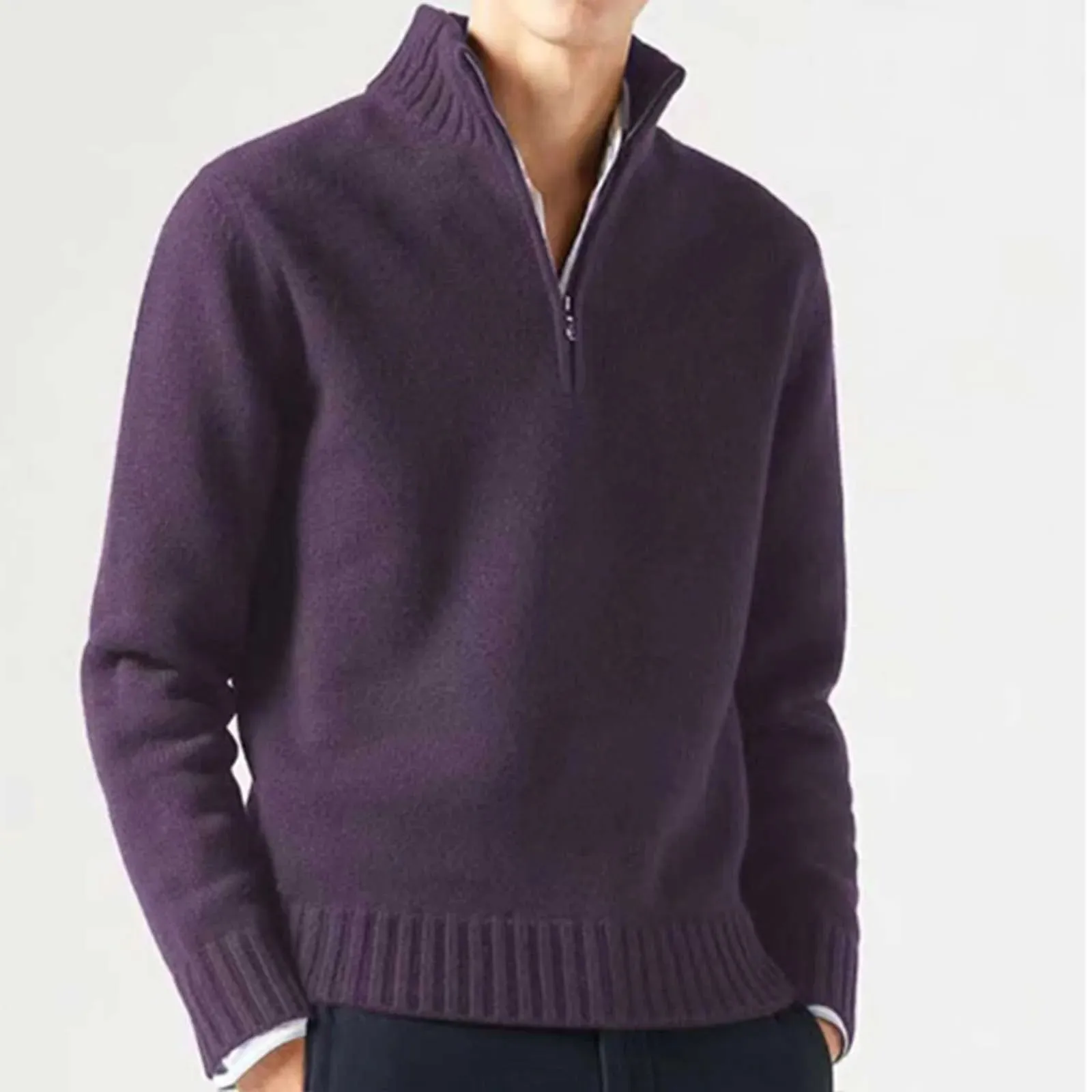 Zipper Turtleneck Men's Sweater Top Half Zip Casual Solid Color Bottom Knit Sweater Warm Long Sleeve Loose Pullover Sweater