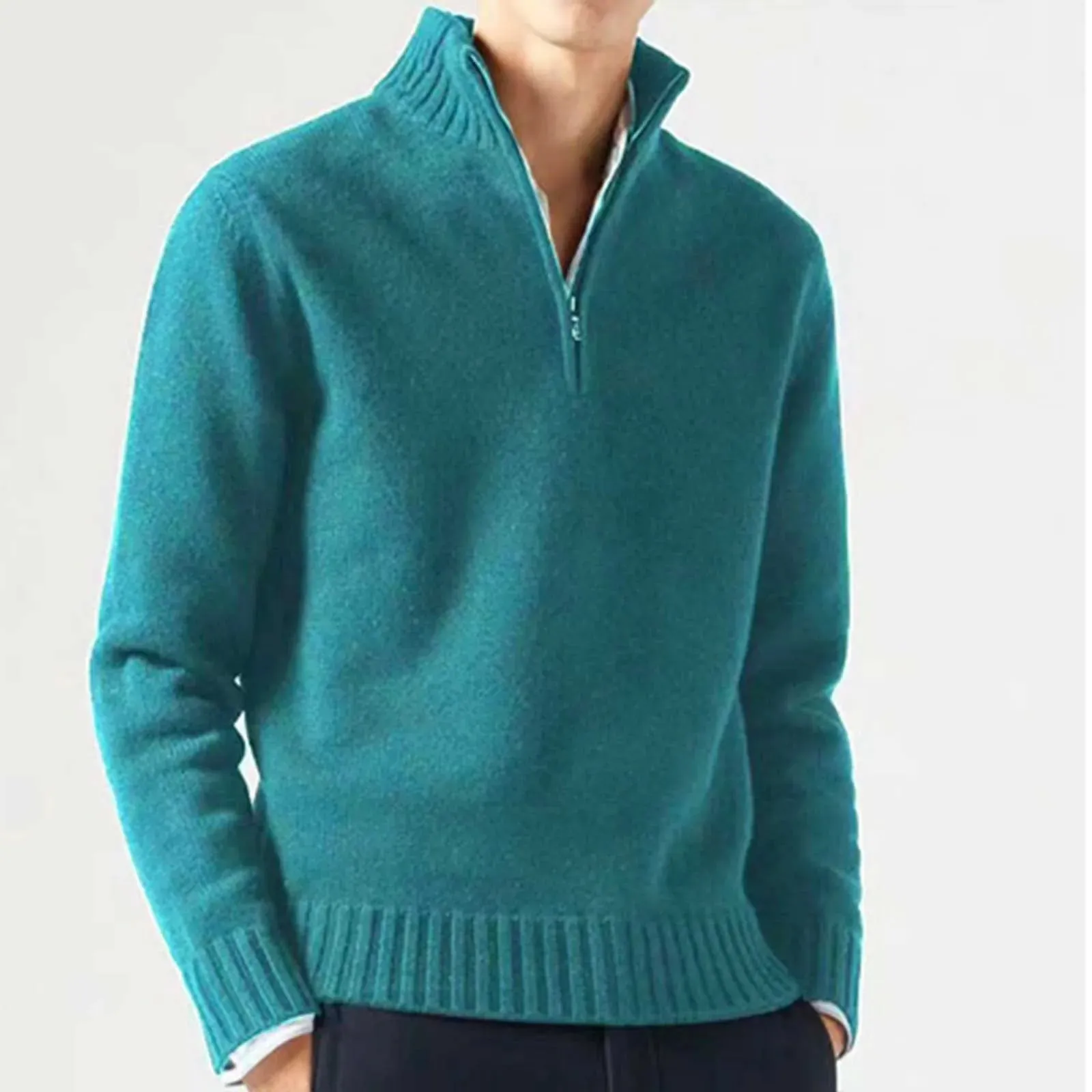 Zipper Turtleneck Men's Sweater Top Half Zip Casual Solid Color Bottom Knit Sweater Warm Long Sleeve Loose Pullover Sweater