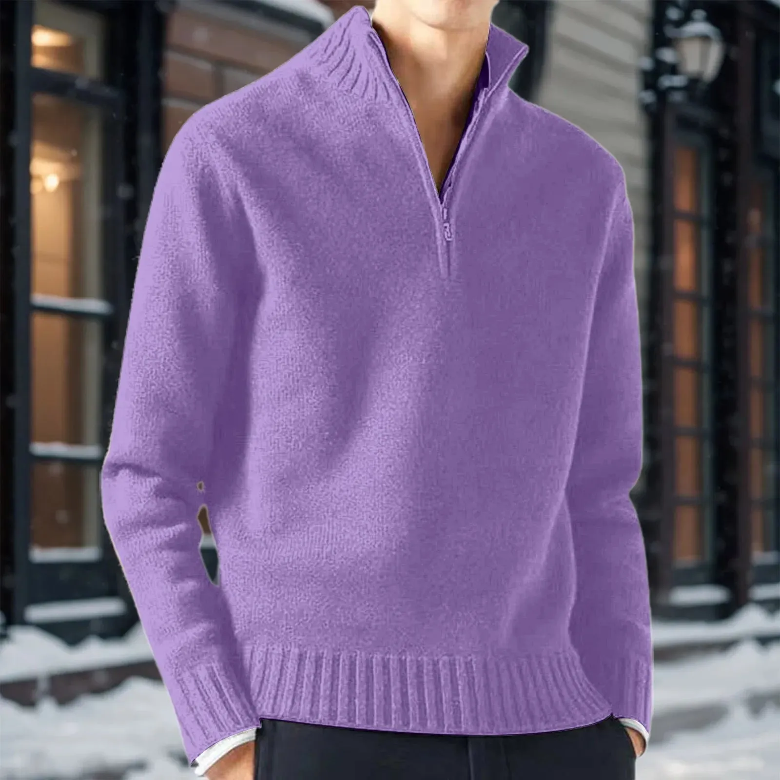 Zipper Turtleneck Men's Sweater Top Half Zip Casual Solid Color Bottom Knit Sweater Warm Long Sleeve Loose Pullover Sweater