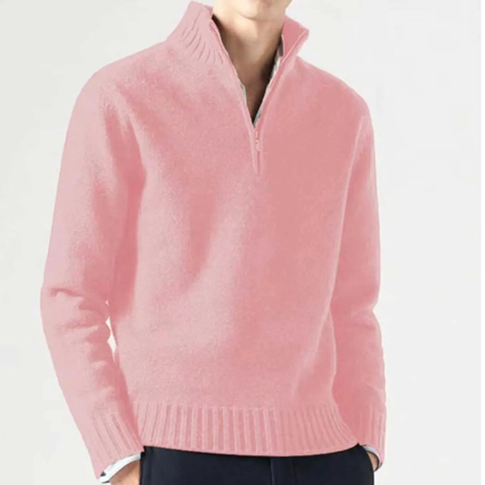 Zipper Turtleneck Men's Sweater Top Half Zip Casual Solid Color Bottom Knit Sweater Warm Long Sleeve Loose Pullover Sweater